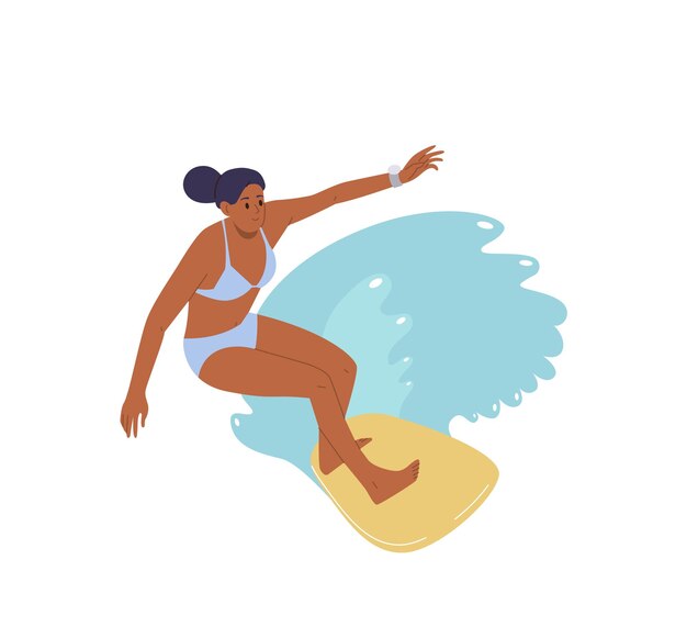 Mujer surfista personaje de dibujos animados extremo piloto de tabla personaje disfrutando de diversión verano ocio actividades deportivas acuáticas ilustración vectorial diseño aislado aventura estacional y vacaciones en resorts tropicales