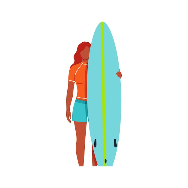 Mujer surfista sosteniendo una tabla de surf azul con camisa naranja y pantalones cortos azules Vector de ilustración
