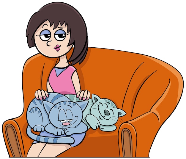 Mujer con sus gatos en la ilustración de dibujos animados de sillón