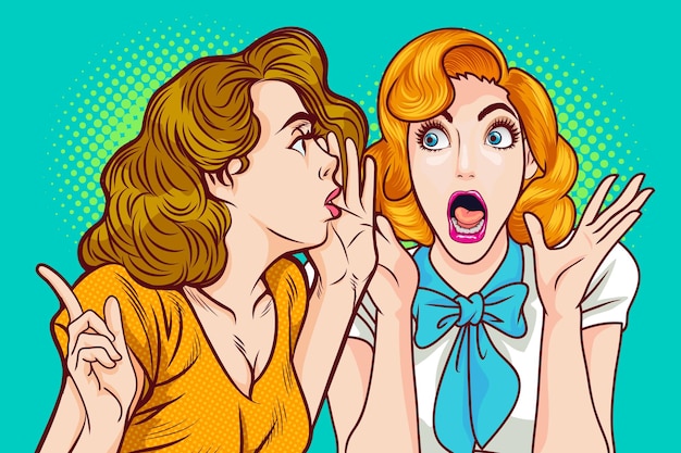 Mujer susurrando chismes o secretos a su amiga en estilo cómico Retro Vintage Pop Art