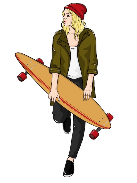 Vector mujer con tabla de skate