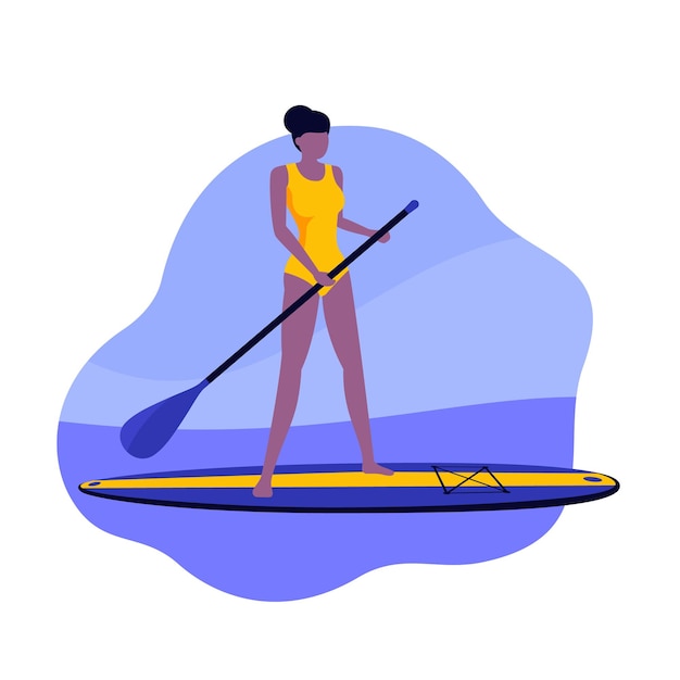 Mujer en una tabla de sup con una paleta, vector