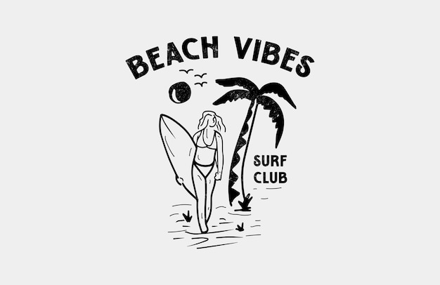 Vector mujer tabla surf beach vibes surf club vintage angustiado ilustración
