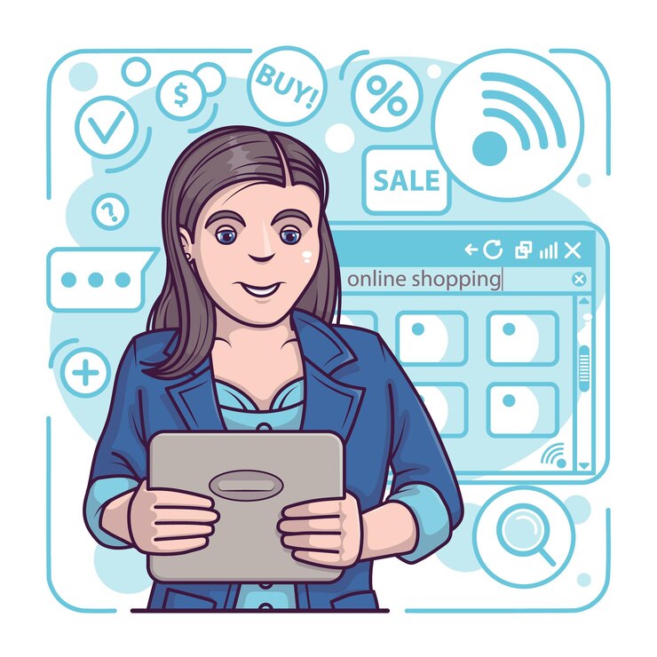 Vector mujer con tableta y usando el sitio web hace compras concepto de compras beneficiosas en todo el mundo