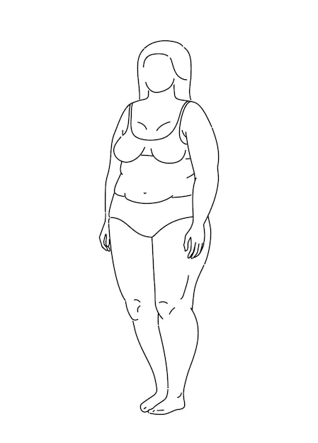 Vector mujer de talla grande conjunto de cuerpo gordito grande mujer positiva con figuras curvas gordas mujer atractiva de pie en lingery dibujo de línea vectorial ilustración
