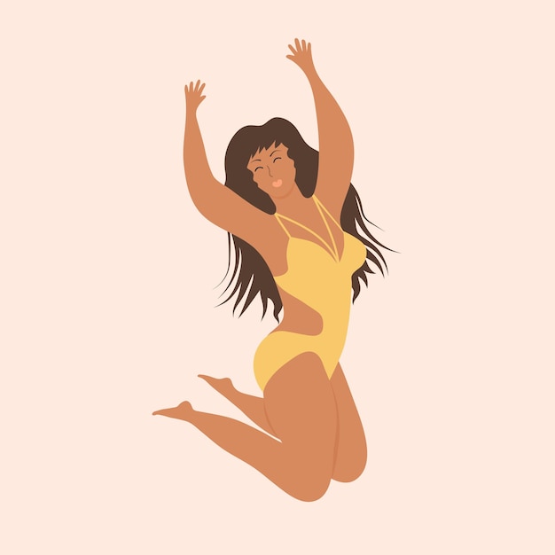 Mujer de talla grande en traje de baño está saltando Cuerpo aceptación positiva feminismo fitness deporte concepto