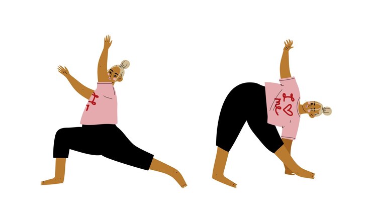Vector mujer de talla plus con sudadera rosa haciendo yoga de pie en el conjunto vectorial de asana