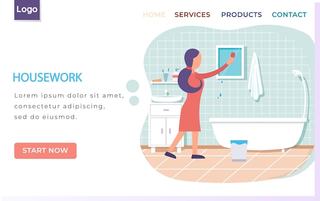 Mujer de tareas domésticas en el baño lava plantilla de página de inicio de espejo Personaje femenino ama de llaves limpiando el baño Ama de casa trabajadora limpiadora limpia azulejos con servilleta o cepillo limpieza sanitaria de la casa