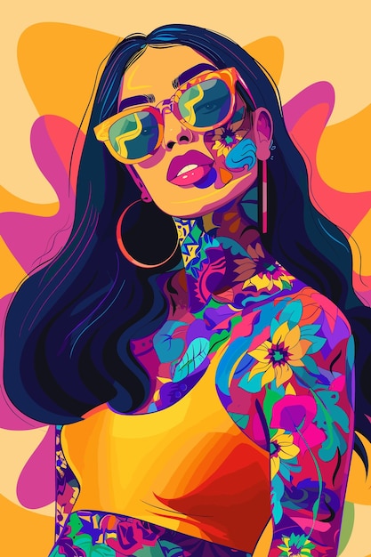 Una mujer con tatuajes coloridos y una camiseta amarilla lleva gafas de sol