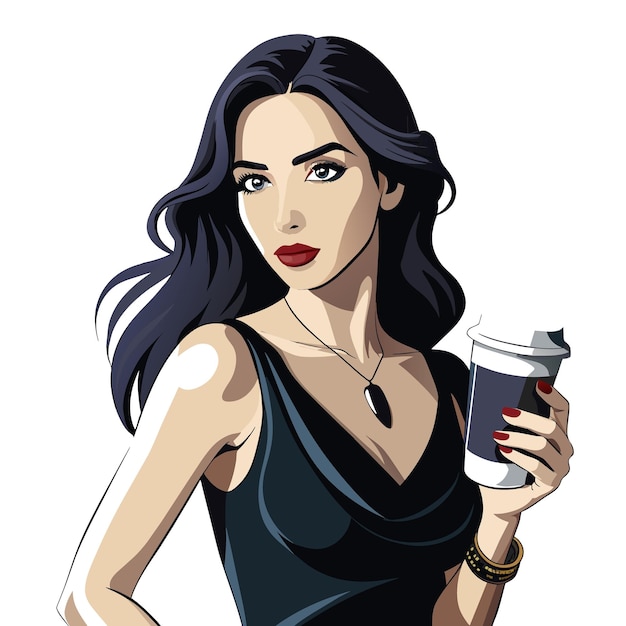 una mujer con una taza de café y un papel que dice que la está sosteniendo