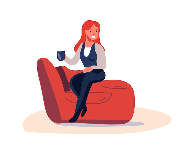 Mujer con taza sentada en el sofá en la oficina ilustración vectorial