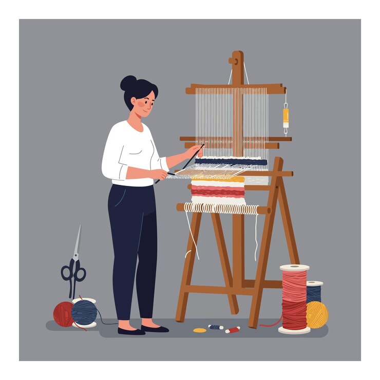 Vector mujer tejiendo tela en un telar con hilos coloridos y herramientas cercanas