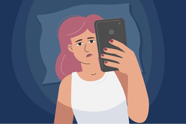 Vector una mujer con un teléfono en la cama, adicta a los gadgets.