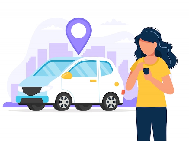 Mujer con teléfono inteligente con una aplicación para encontrar la ubicación de un automóvil. Servicio de alquiler de vehículos a través de la aplicación móvil.