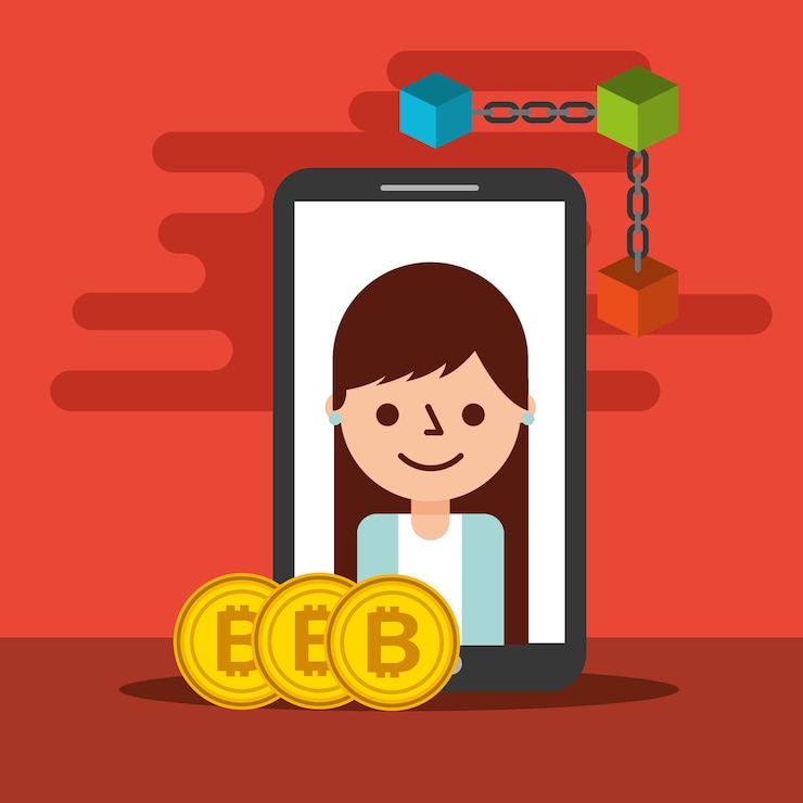 Vector mujer, teléfono inteligente, bitcoin, blockchain, comercio