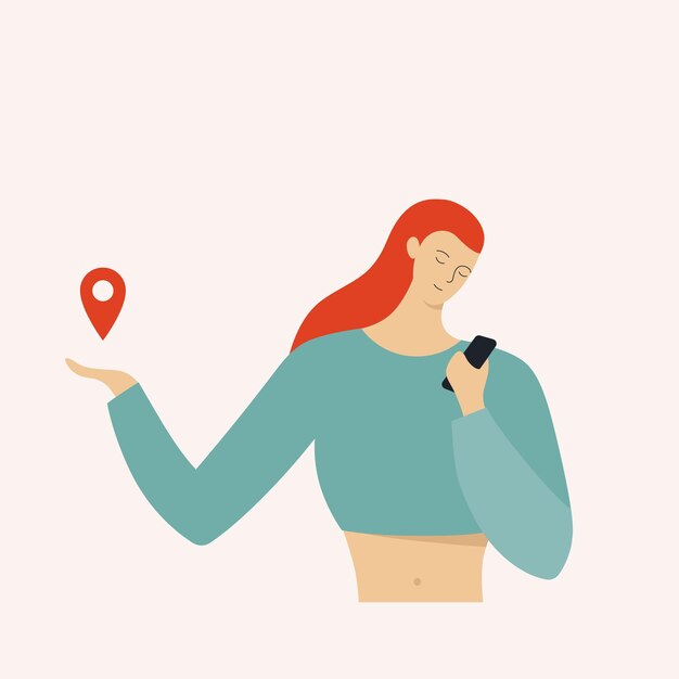 Mujer con teléfono inteligente y encontrar su ubicación concepto de estilo plano