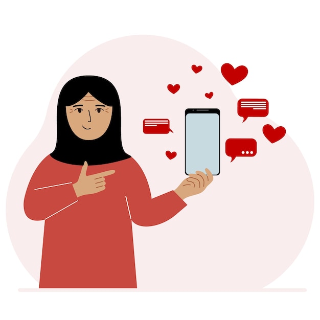 Una mujer con un teléfono inteligente en la mano El concepto de redes sociales de comunicación por correspondencia Muchos corazones