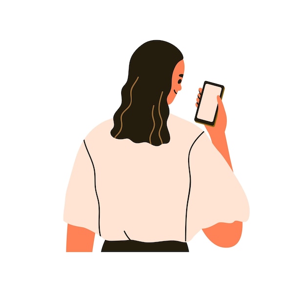Mujer con teléfono inteligente. Niña sonriente con teléfono inteligente móvil en las manos, leyendo en línea, navegando por Internet, mirando la pantalla, usando teléfono celular. Ilustración vectorial plana aislada sobre fondo blanco.