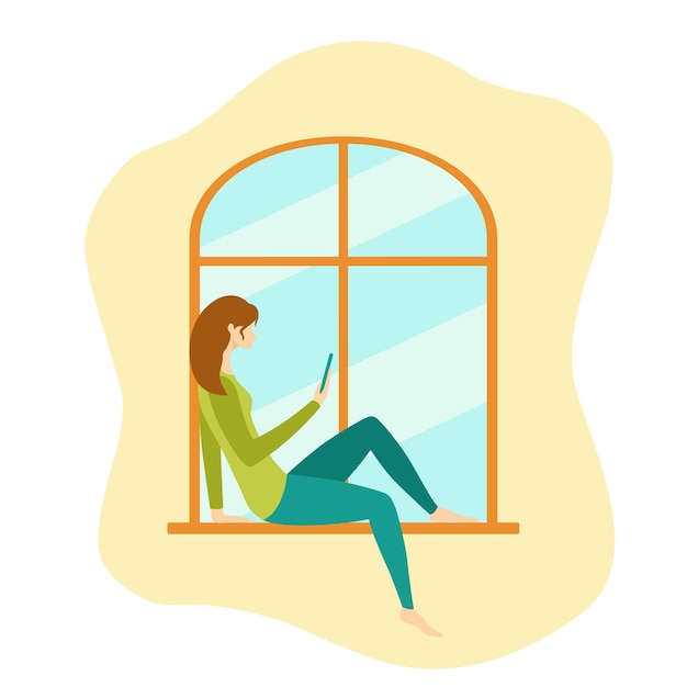 Mujer con teléfono inteligente está sentada en el alféizar de la ventana en casa. chica sosteniendo celular y enviando mensaje. tema quédate en casa. uso de internet en su teléfono. ilustración colorida en estilo de dibujos animados planos.