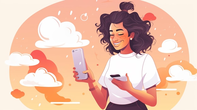 Vector una mujer con un teléfono y una nube en el fondo