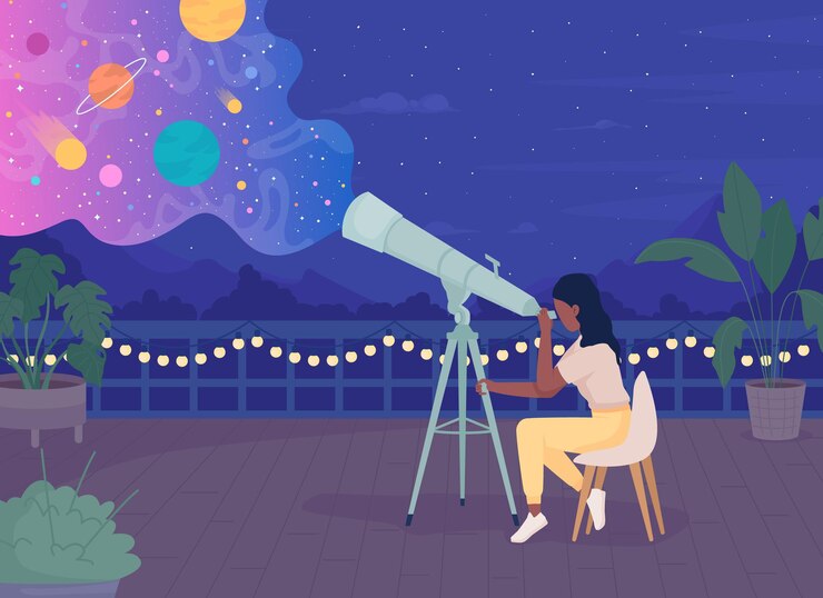 Vector mujer con telescopio disfrutando de la observación de estrellas en la azotea por la noche ilustración de vector de color plano