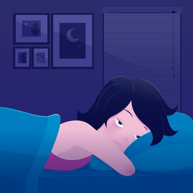 Vector mujer tendida en la cama sufriendo insomnio
