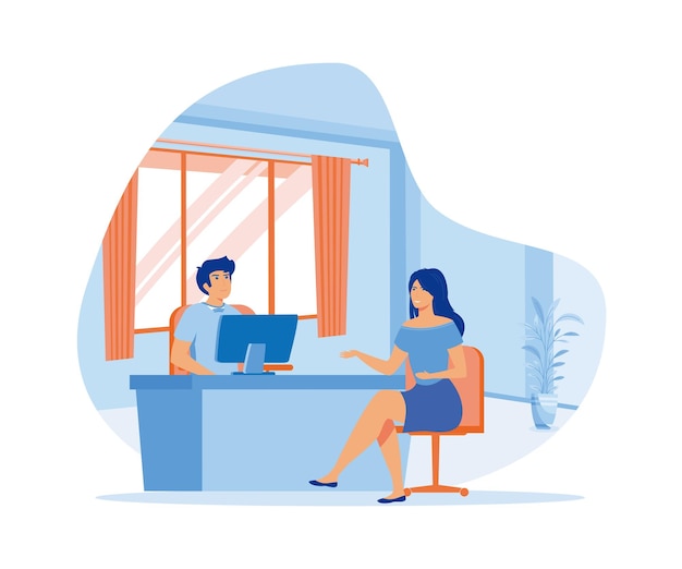 Mujer teniendo una entrevista de trabajo con un hombre de negocios HR vector plano ilustración moderna