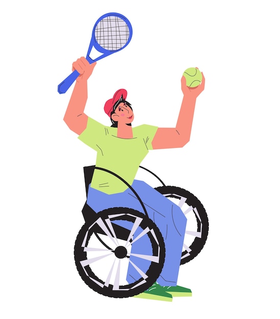 Mujer de tenis en silla de ruedas con discapacidad en vector de competencia de tenis aislado