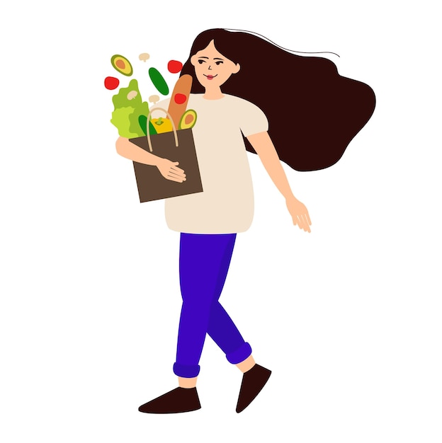 mujer, en, tienda de comestibles, compras, concepto, caricatura, joven, hembra, hacer, compras, vector