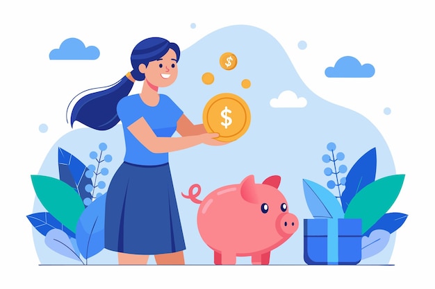 Una mujer tiene una alcantarilla y una alcantarila de ahorros enfatizando el ahorro financiero y la inversión Una mujer ahorra dinero en la alcantarilla Ilustración vectorial plana simple y minimalista