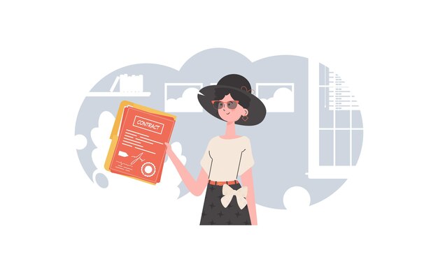 La mujer tiene un contrato en sus manos El personaje se representa hasta la cintura El concepto de celebrar contratos Ilustración vectorial