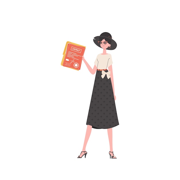 La mujer tiene un contrato en sus manos. El personaje se representa en pleno crecimiento aislado en fondo blanco. Ilustración vectorial.