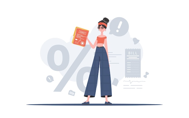 La mujer tiene un contrato en sus manos El personaje se representa en pleno crecimiento El concepto de celebrar contratos Ilustración vectorial en un estilo plano
