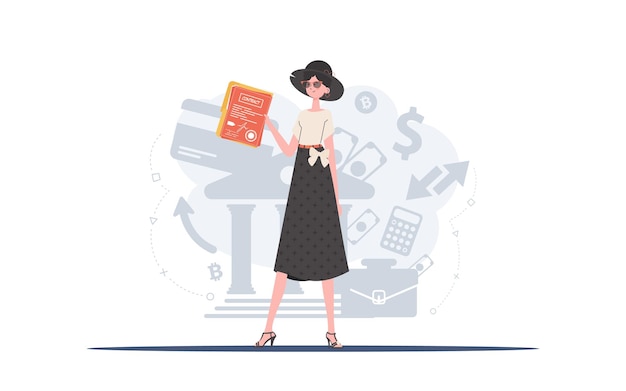 La mujer tiene un contrato en sus manos El personaje se representa en pleno crecimiento El concepto de celebrar contratos Ilustración vectorial