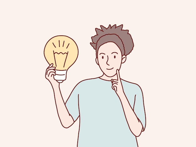 La mujer tiene ideas para sostener el icono de la lámpara brillante ilustración de estilo coreano