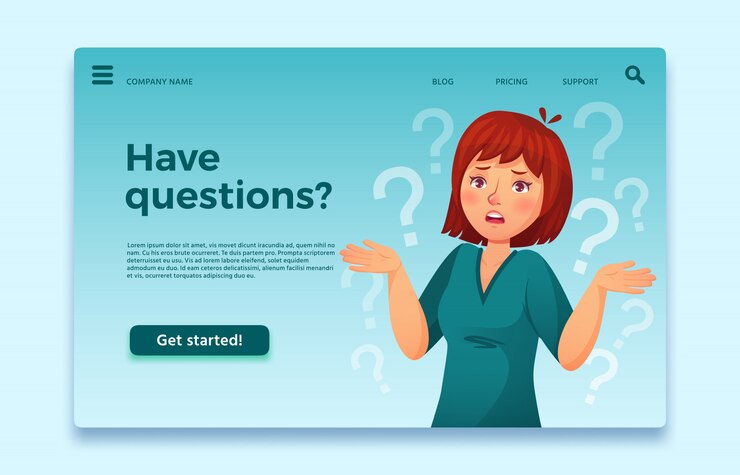 Vector la mujer tiene preguntas. cuestionando persona femenina, pregunta confundida y pensante. ilustración de dibujos animados de página de inicio de preguntas frecuentes