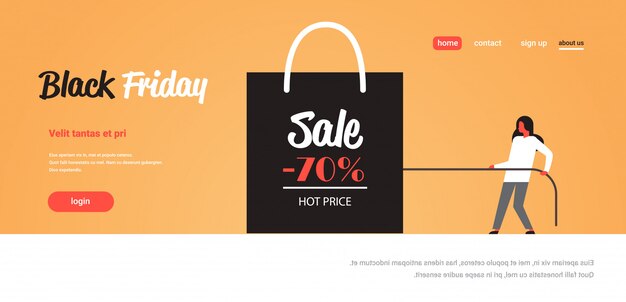 Vector mujer tirando de la bolsa de compras con gran cartel de venta oferta especial de oferta de vacaciones de super oferta de viernes negro