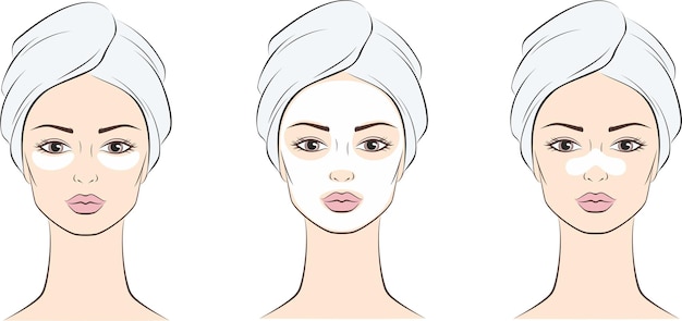 Mujer con toalla y mascarilla en la cara. ilustración vectorial