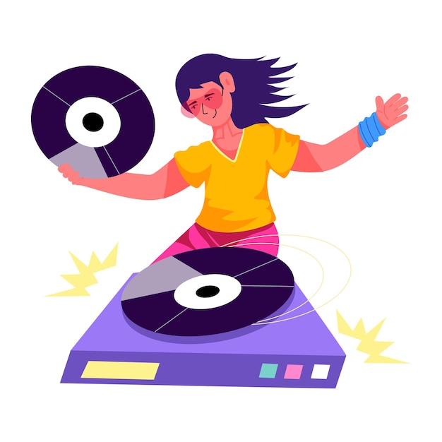 Una mujer tocando un disco en un tocadiscos.