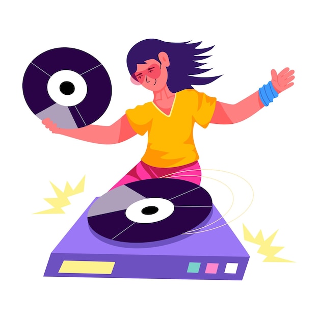 Vector una mujer tocando un disco en un tocadiscos.