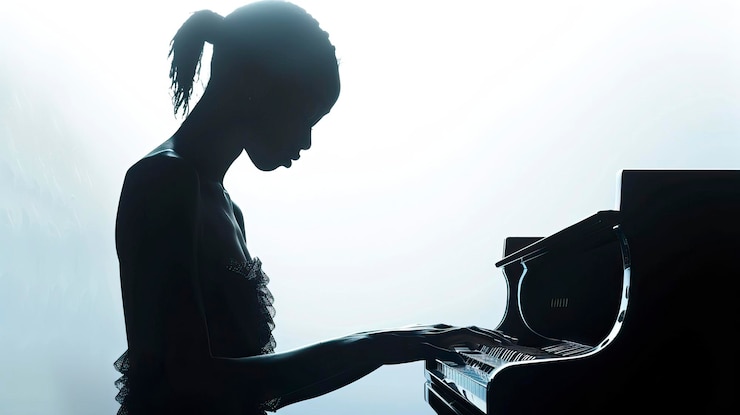 Vector una mujer tocando una silueta de teclado aislada sobre un fondo blanco