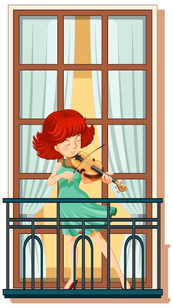Una mujer tocando el violín de pie en el balcón.