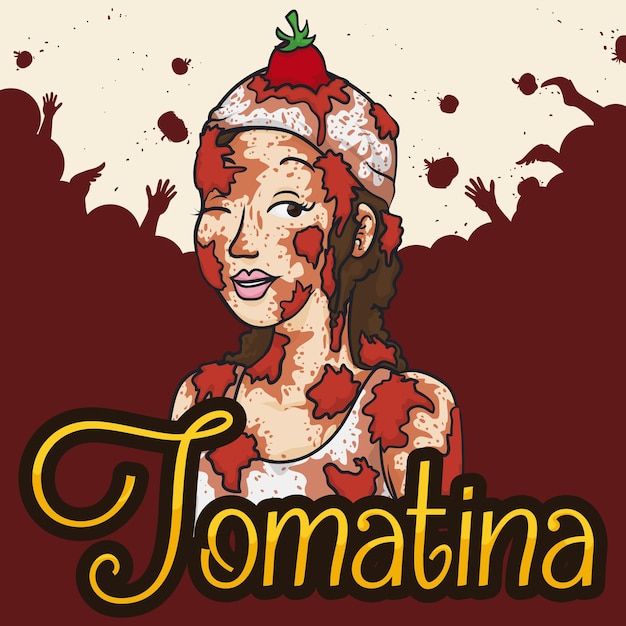 Mujer toda cubierta de tomates y multitud al fondo celebrando la Fiesta de la Tomatina