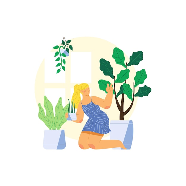 Vector mujer toma una pose con plantas y otras plantas en el fondo