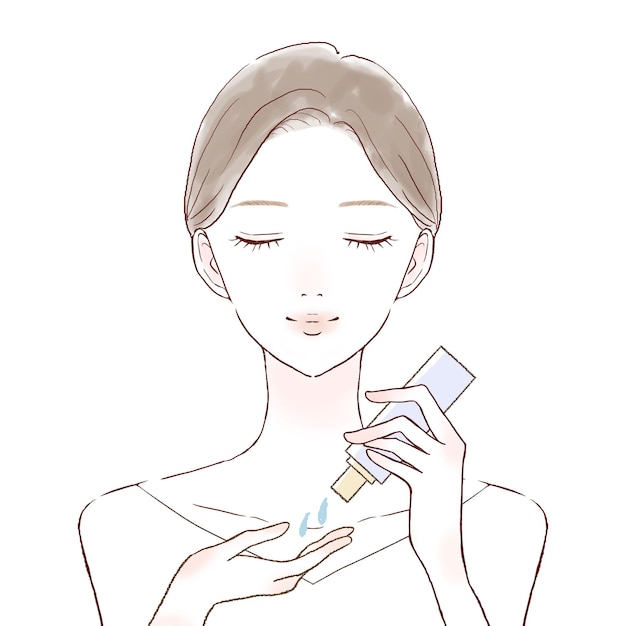 Mujer tomando aceite para el cuidado de la piel. Sobre un fondo blanco.