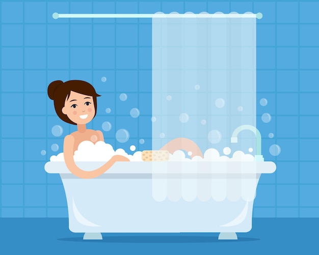 Mujer tomando un baño Chica relajante en el baño Ilustración de vector de estilo plano