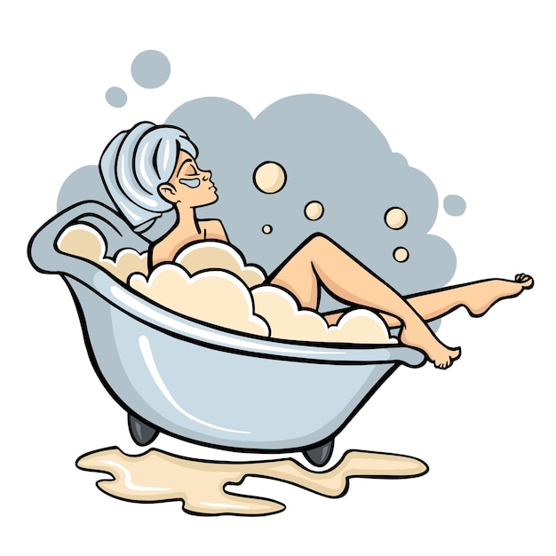 Mujer tomando un baño Higiene y belleza Niña lavando el cuerpo Ilustración vectorial aislada al estilo de dibujos animados