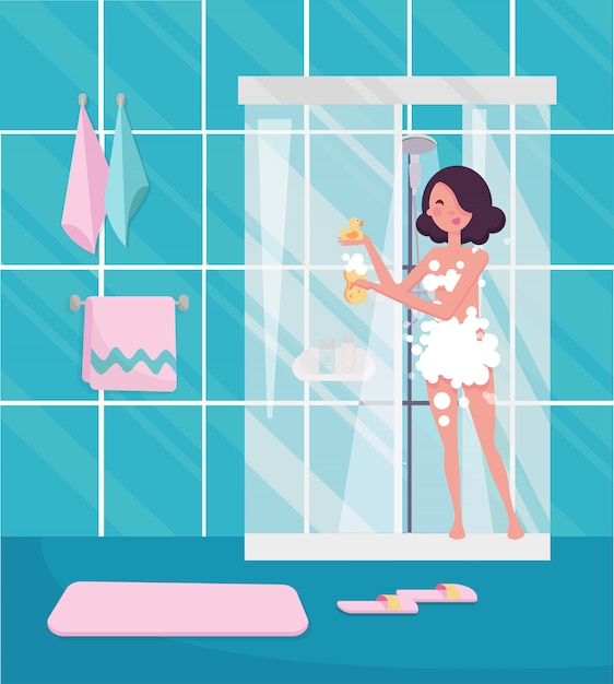 Vector mujer tomando una ducha.