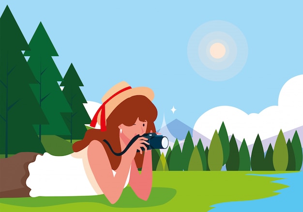 Vector mujer tomando una foto con paisaje de fondo