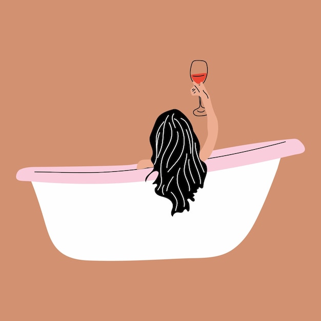Mujer tomando un relajante baño de burbujas y bebiendo vino tinto, vista lateral. vector en estilo de dibujos animados.